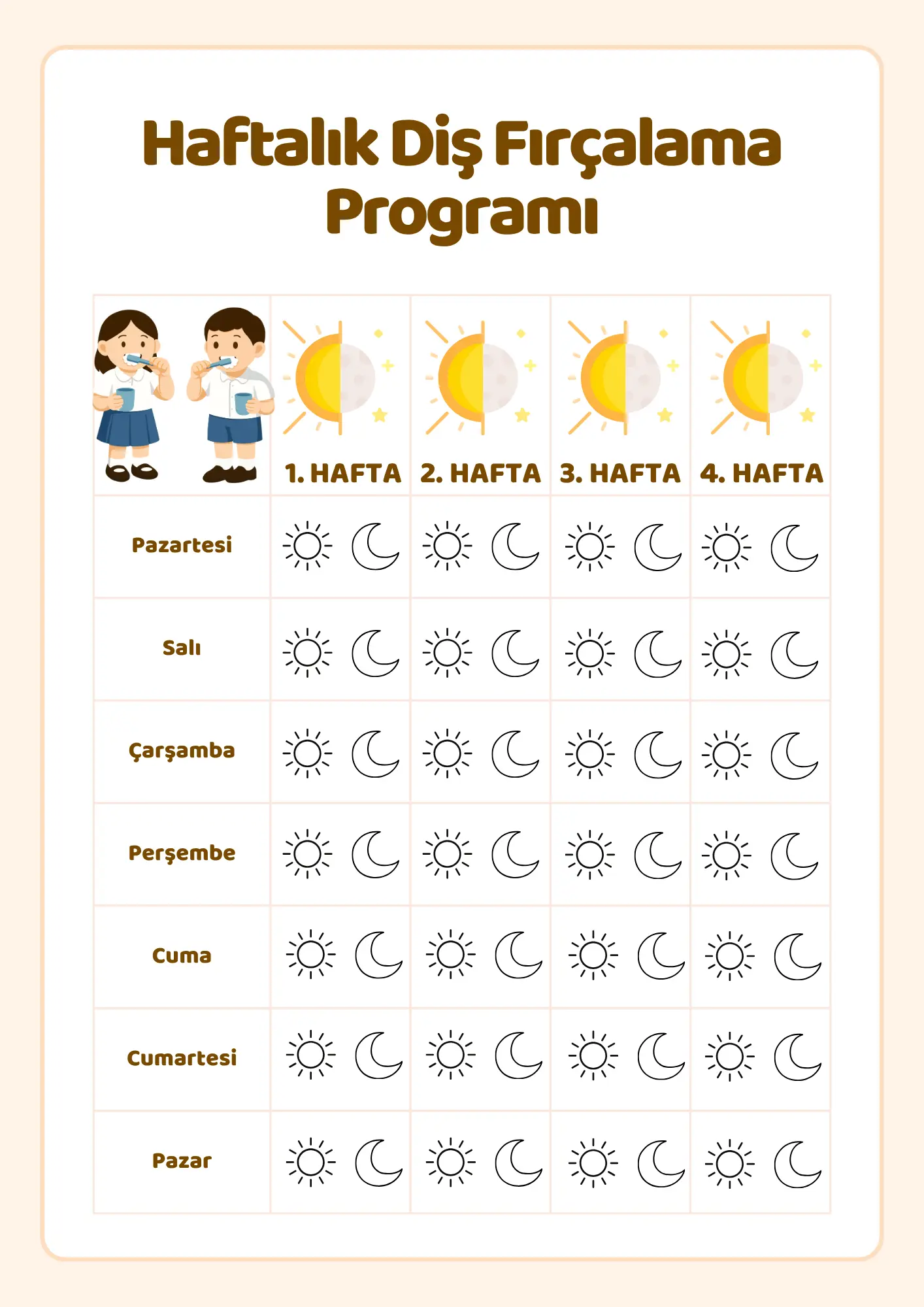 Aylık diş fırçalama çizelgesi – 4 haftalık, okul öncesi için uygun