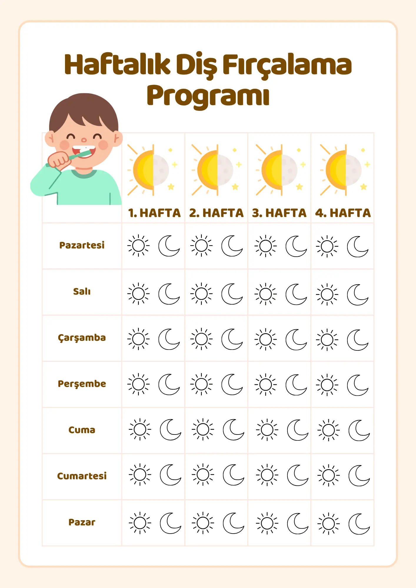 Çocuklar için haftalık diş fırçalama programı – sabah akşam kutucuklu, nötr tasarım