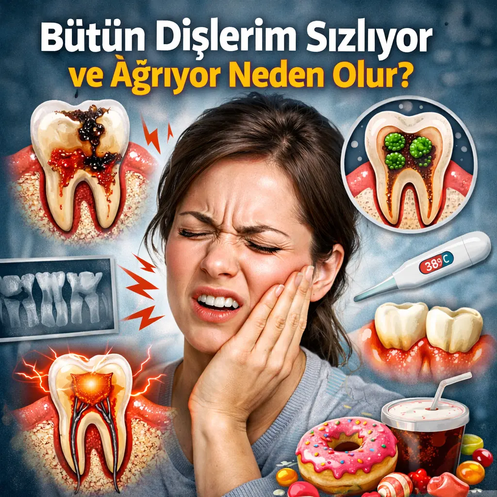 Ağızda yaygın diş sızlamasını ve hassasiyeti temsil eden diş illüstrasyonu.