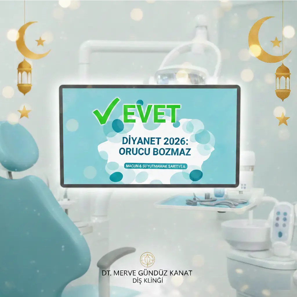 Dt. Merve Gündüz Kanat Diş Kliniği 2026 Ramazan bilgilendirmesi; diş fırçalamak orucu bozar mı sorusuna Diyanet uyumlu evet cevabı veren klinik içi ekran görseli.