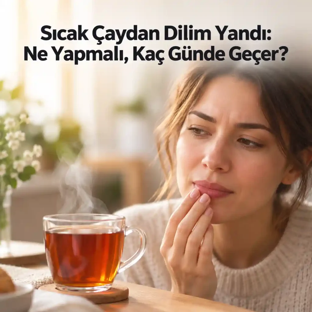 Çay bardağı ve su bardağı yanında dil yanığı bakımını anlatan temsili çizim